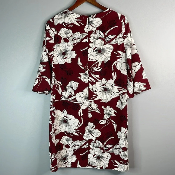 LUNA Floral Print Shift Dress Burgundy White Bell Sleeve Knee Length Size Small - Picture 7 of 11